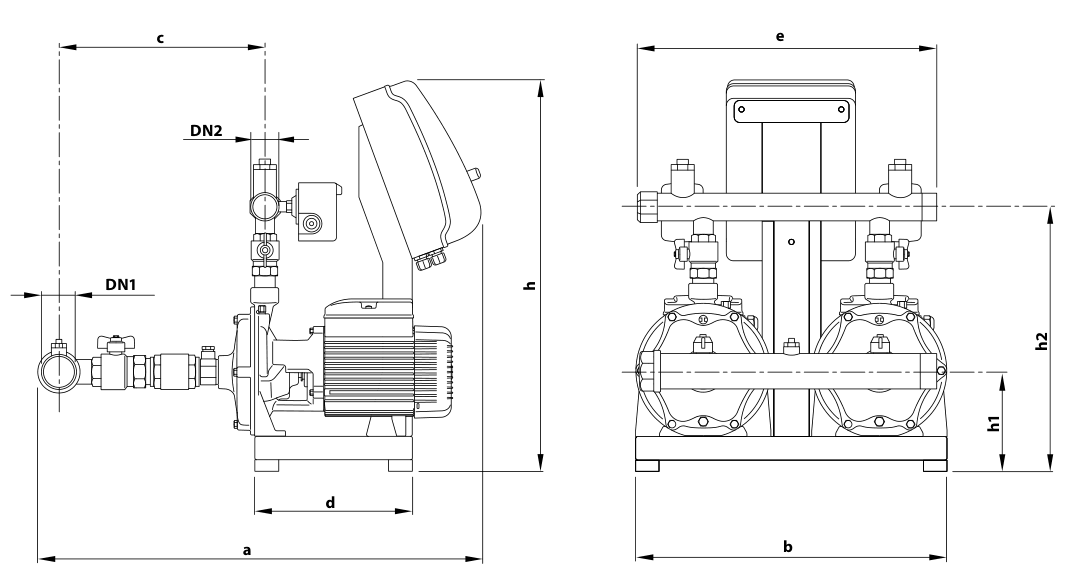 Чертёж с обозначениями размеров Pedrollo COMBIPRESS CB2 - 4CPm100-C
